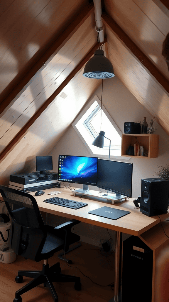 A modern workspace in an attic with a desk, computer monitors, and wooden walls.