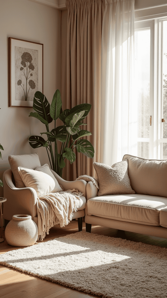 Cozy corner with a soft sofa, plush chairs, and warm textiles