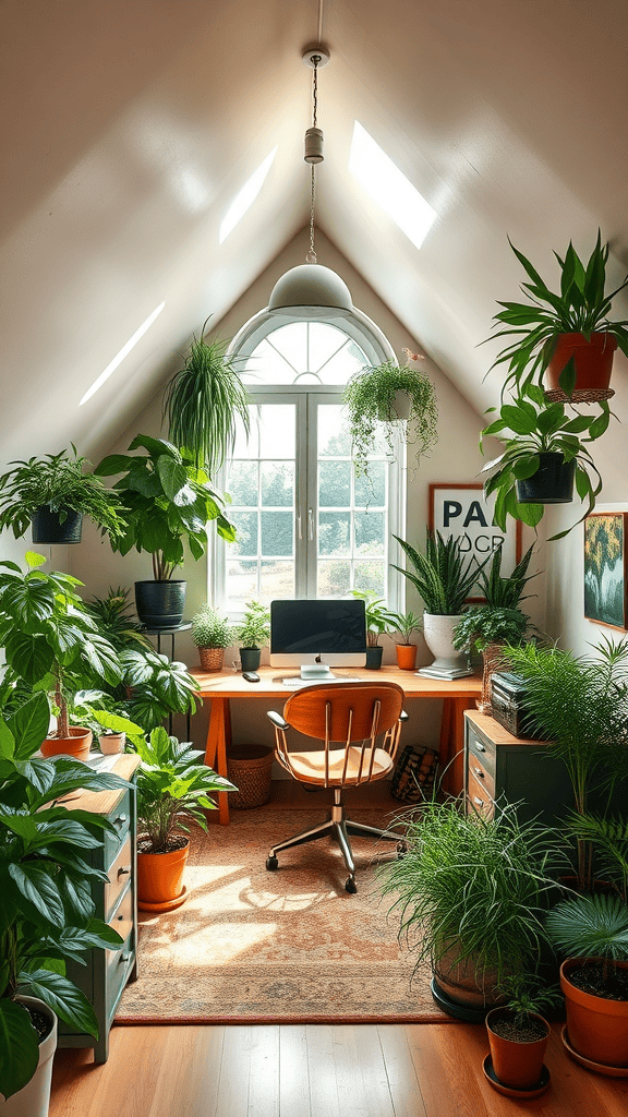 Cozy attic workspace filled with various indoor plants and a desk.