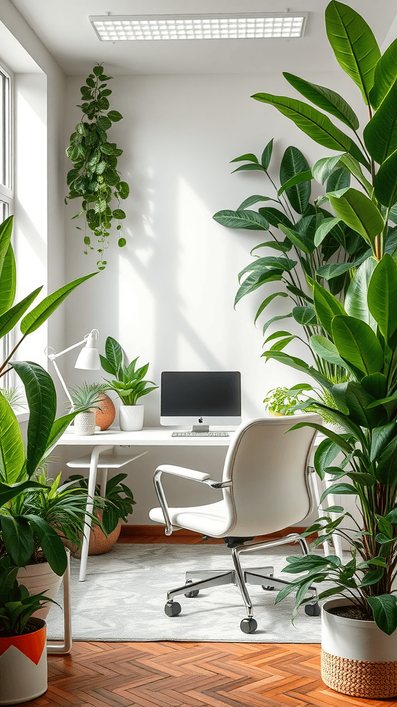 Bright indoor workspace filled with various lush plants, a white desk, and a computer.