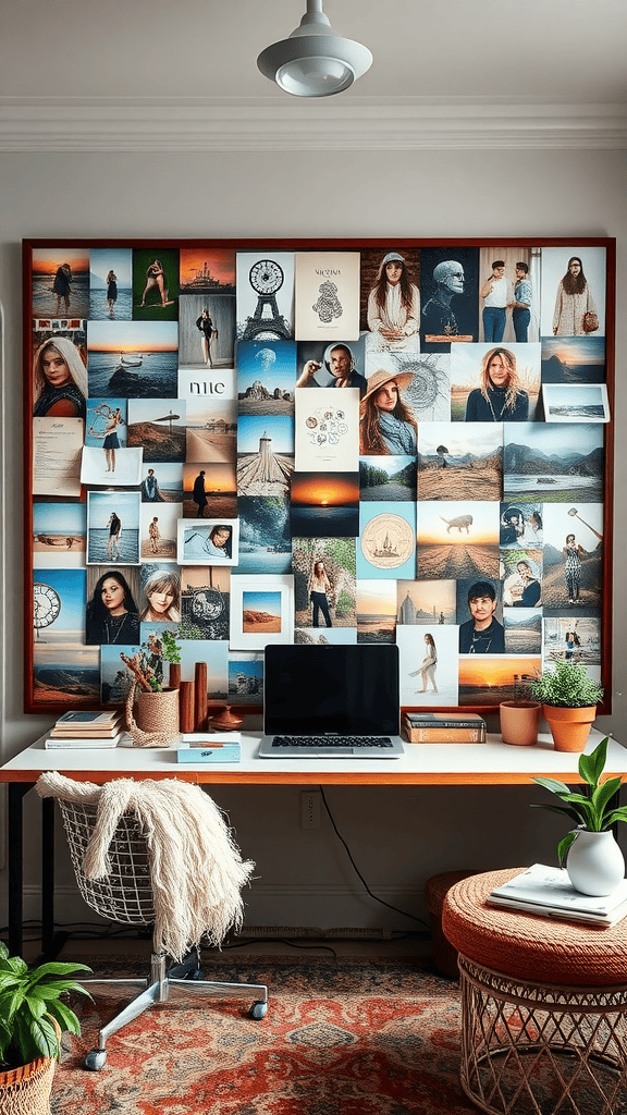 An inspiration board filled with various photographs and artistic elements, along with a workspace featuring a computer and plants.