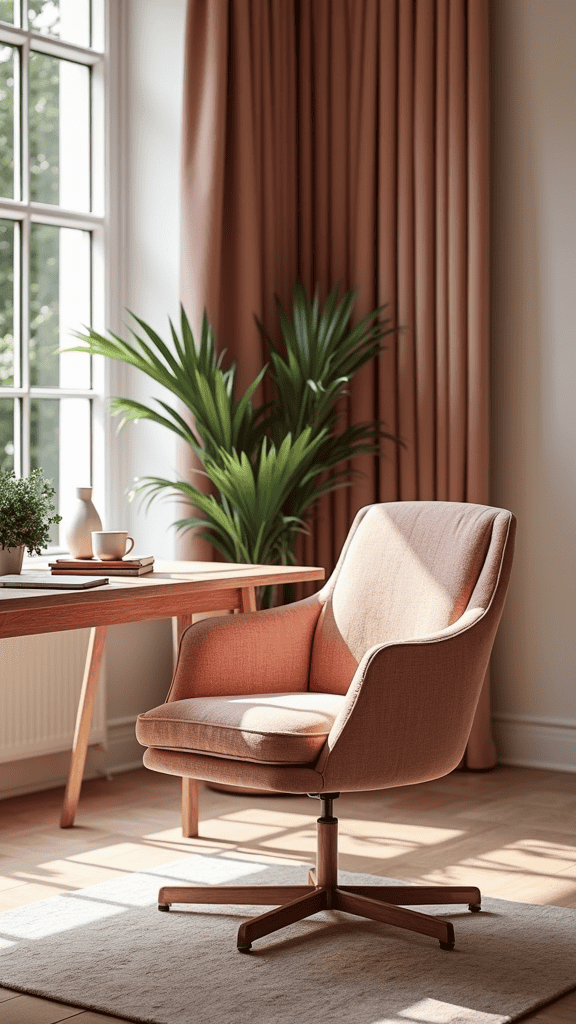 A feminine home office featuring a pink chair, wooden desk, and plants in a sunlit room