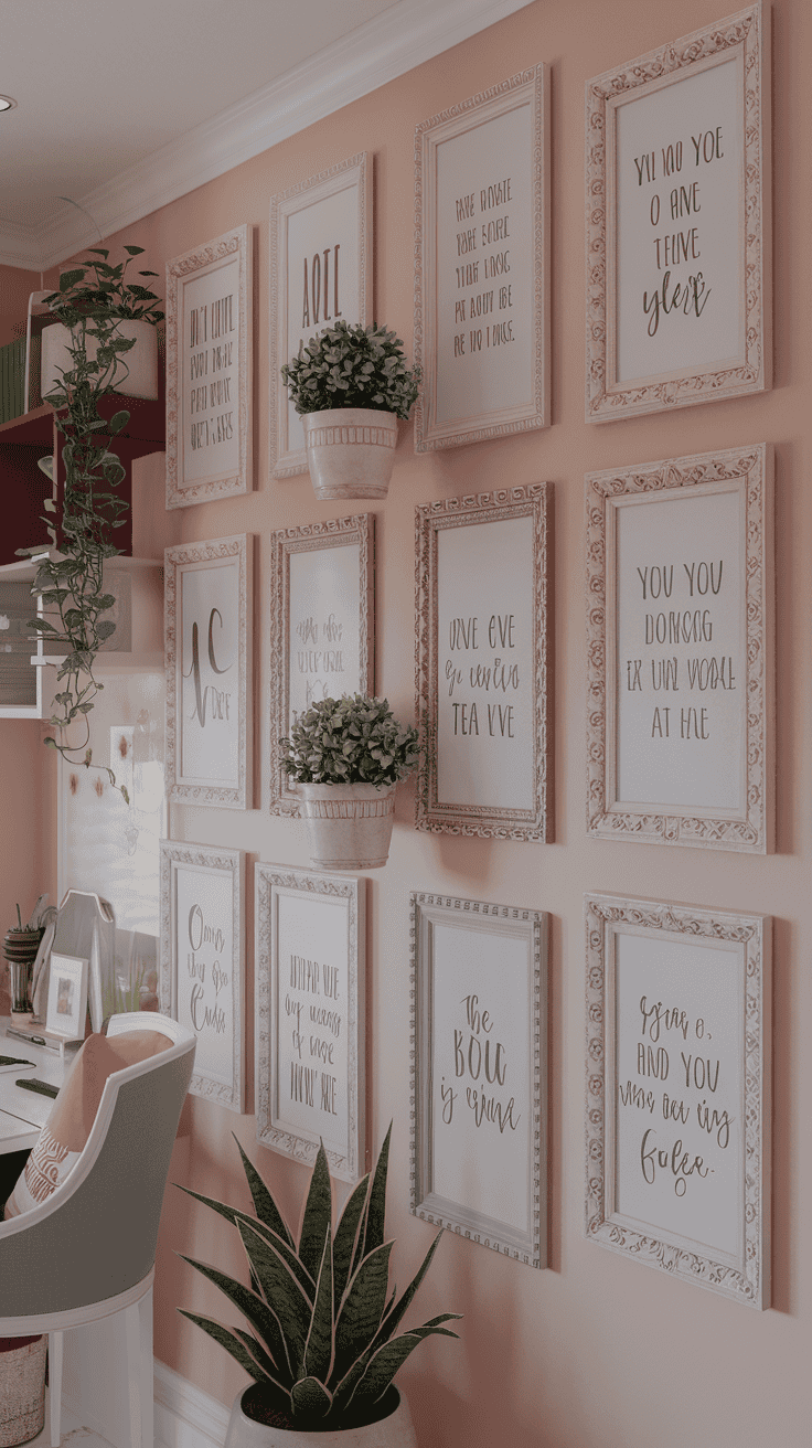 A wall adorned with framed inspirational quotes and small plants, set against a peach background.