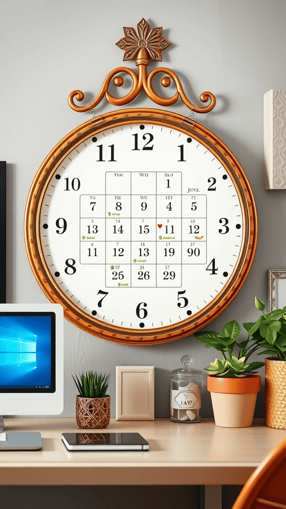 A colorful wall-mounted calendar with a decorative frame, displayed in a bright workspace.