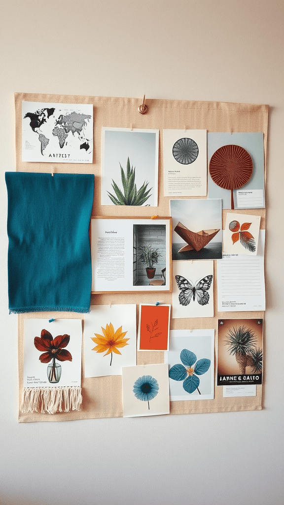 A mood board featuring plants, flowers, and textures, showcasing various colors and inspirations.