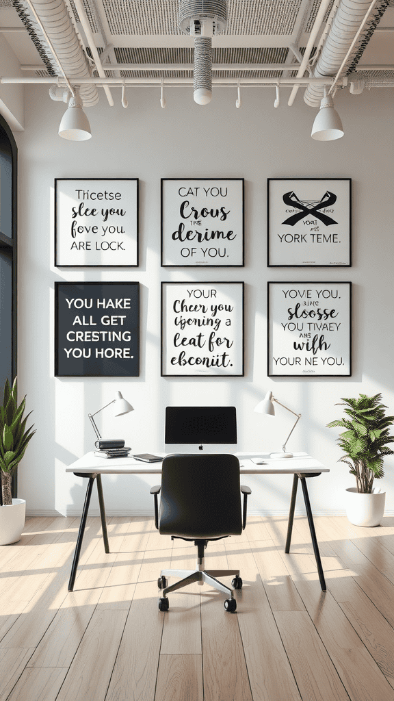 A cozy home office with inspiring quotes displayed on the wall.