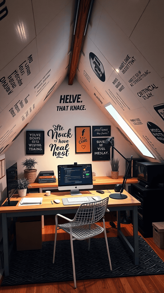 A cozy attic workspace decorated with motivational quotes, featuring a desk with a computer and plants.