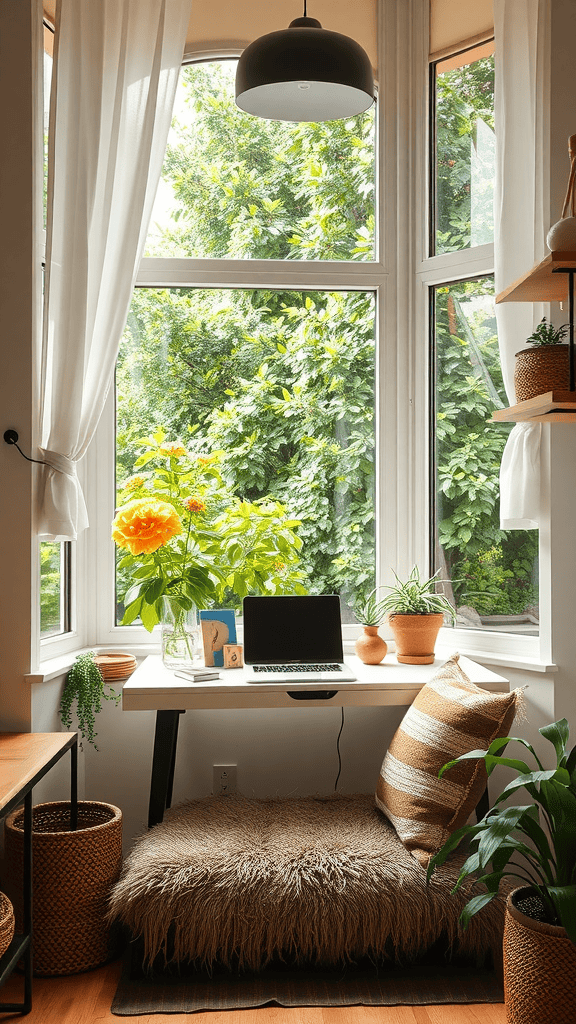 Cozy workspace with a view of greenery through large windows and a comfortable seating area.