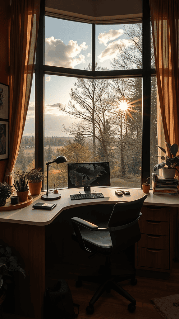 A bright workspace with a view of trees and fields through large windows, featuring a desk with plants and a computer.