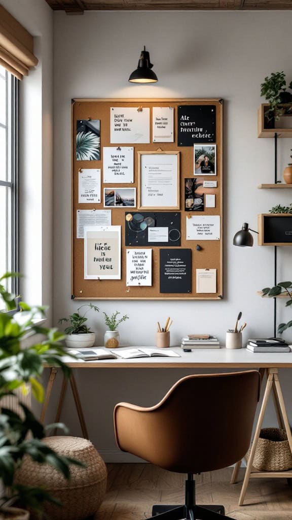 A cozy vision board corner with a corkboard filled with notes, images, and quotes, a desk, and plants.