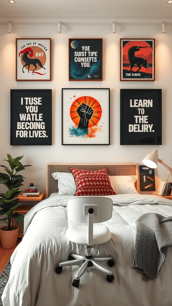 A cozy bedroom with a variety of inspiring wall art, including motivational phrases and vibrant designs.