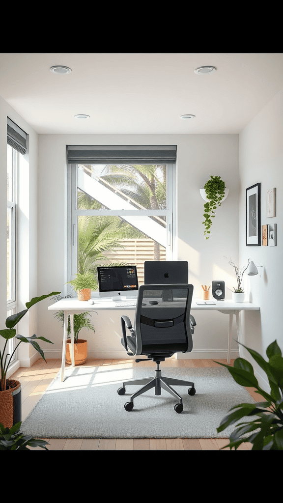 A bright and modern workspace with a desk, computer, and plants, featuring large windows and natural light.