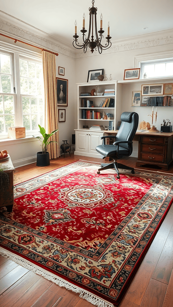 A cozy Victorian home office with a detailed red area rug, wooden furniture, and natural light.