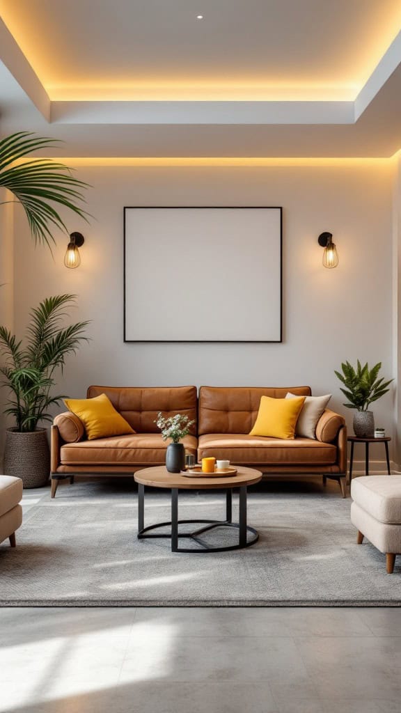 Cozy break area featuring a leather sofa, yellow cushions, coffee table, and plants.