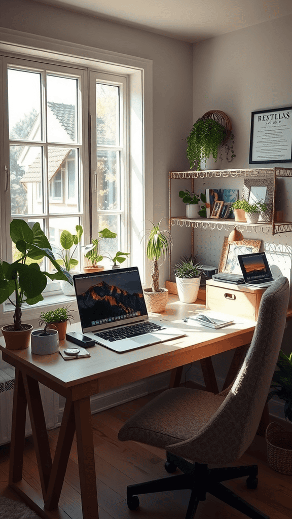 A bright and inviting corner desk with plants and a laptop, illuminated by natural light from a window.