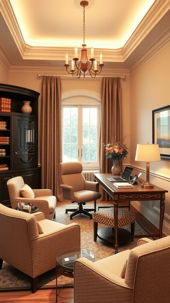 A cozy office with cream-colored decor, plush armchairs, a desk, and natural light coming through the window.