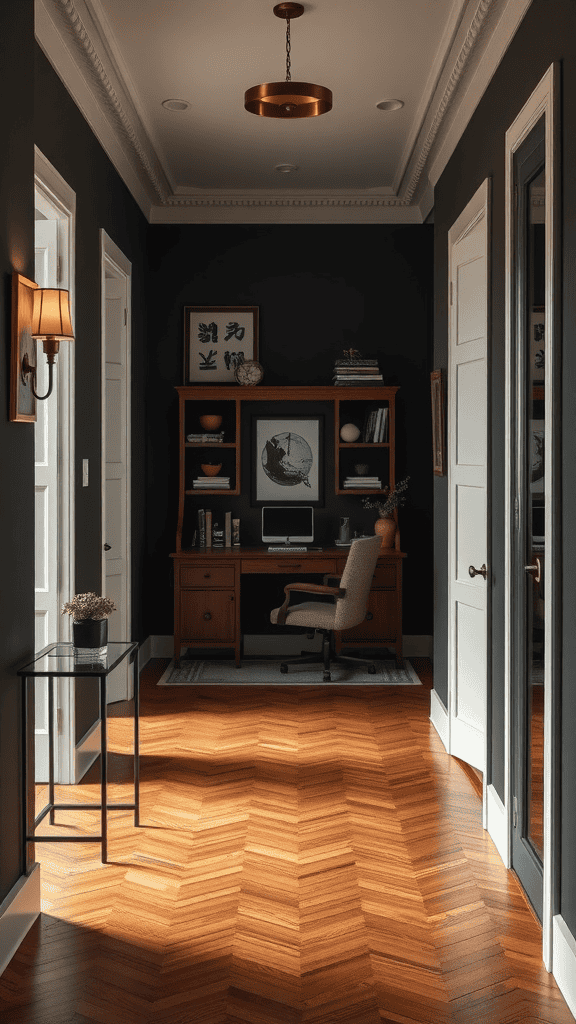 A well-lit entryway leading to a workspace with a wooden floor and a desk.