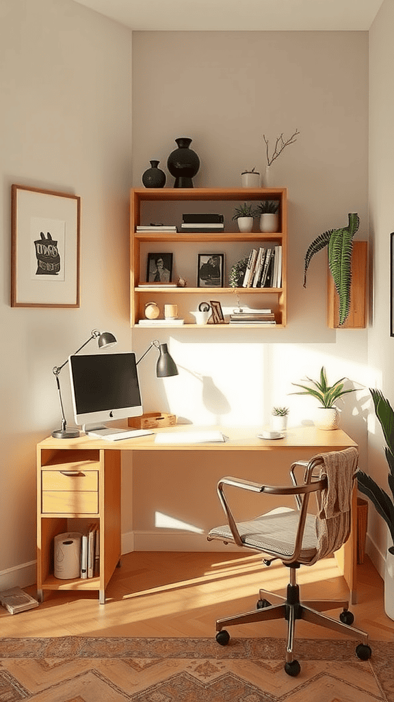 A bright and inviting home office space with a wooden desk, computer, and plants.