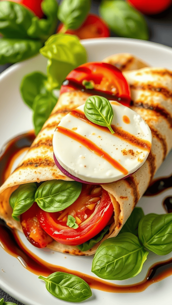 A grilled veggie wrap filled with tomatoes, cheese, and basil on a plate