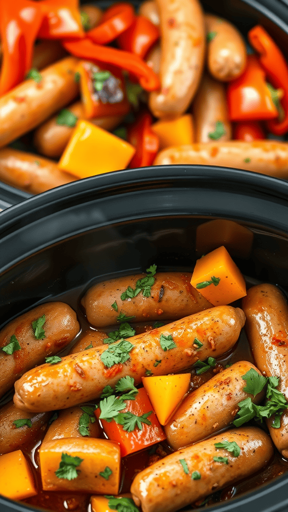 A close-up view of Italian sausage cooked with colorful bell peppers in a crockpot