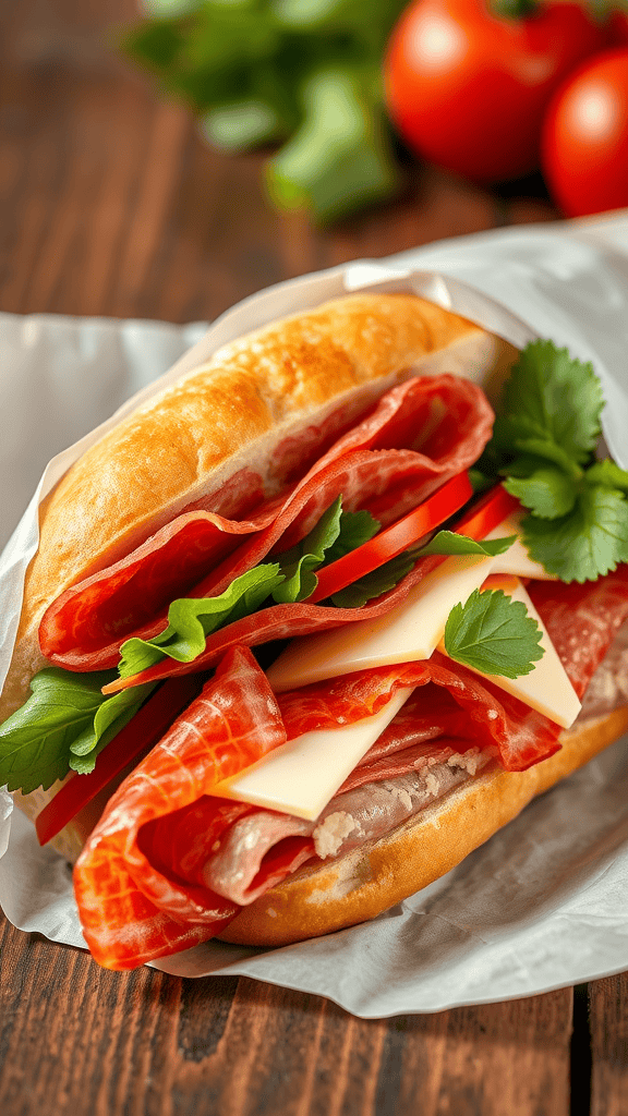 A delicious Italian sub sandwich filled with salami, provolone cheese, fresh vegetables, and herbs on a wooden table.