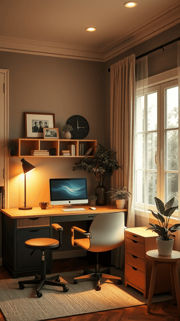 A cozy home office setting featuring a desk with a computer, warm lighting, plants, and large windows.