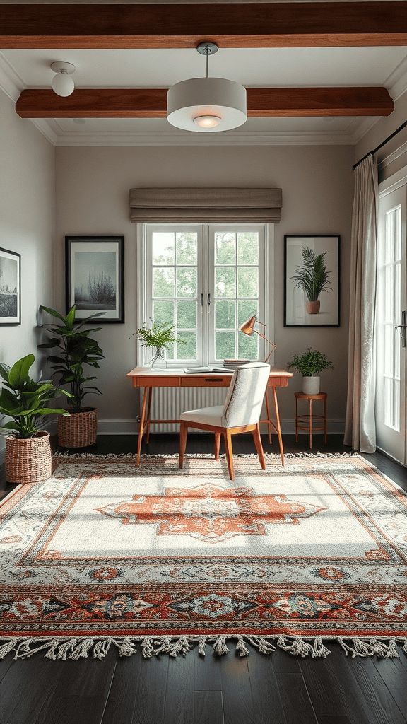 A well-decorated room featuring a large layered rug, desk, and plants.