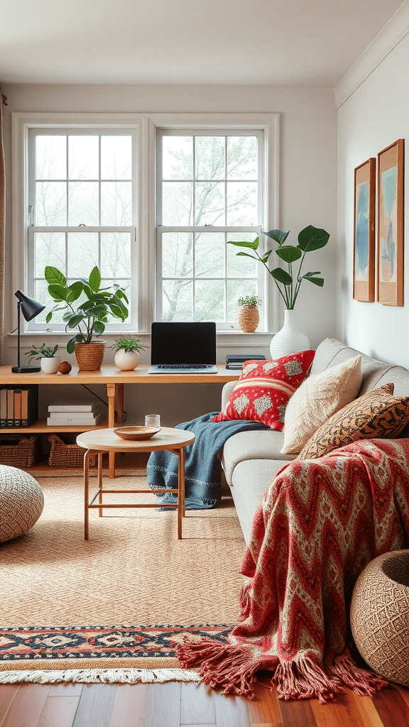 A cozy living room with layered textiles, including throws and cushions, surrounded by plants and natural light.