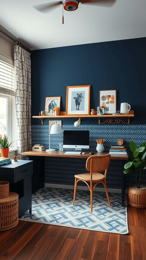 A stylish workspace featuring navy wallpaper, a wooden desk, and patterned decor.