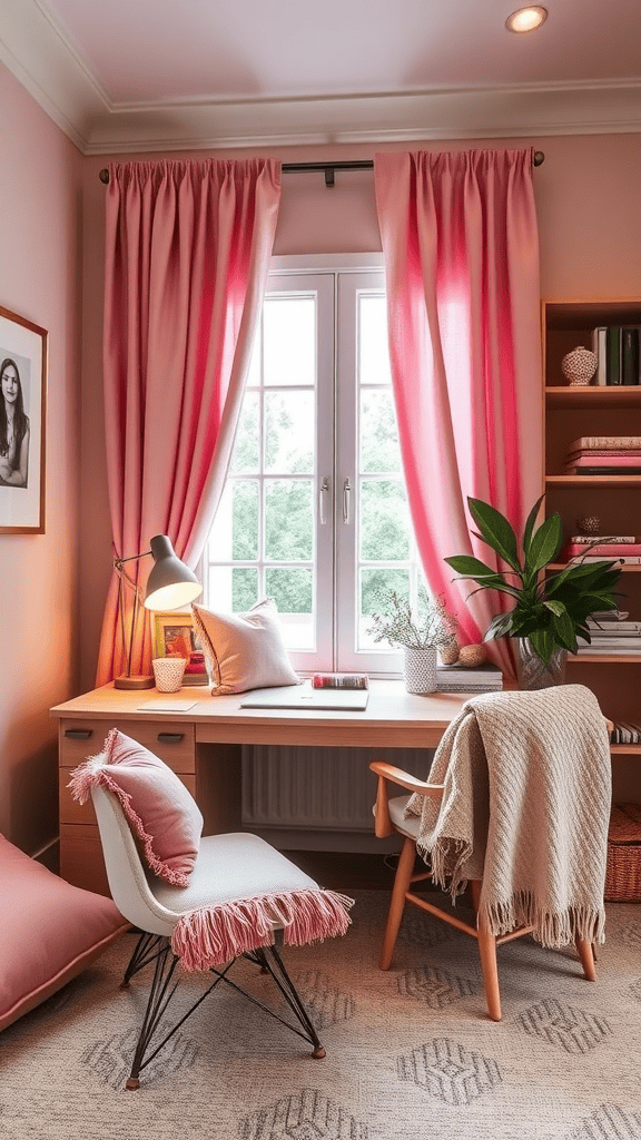 A cozy home office featuring pink curtains, pillows, and a comfortable chair.