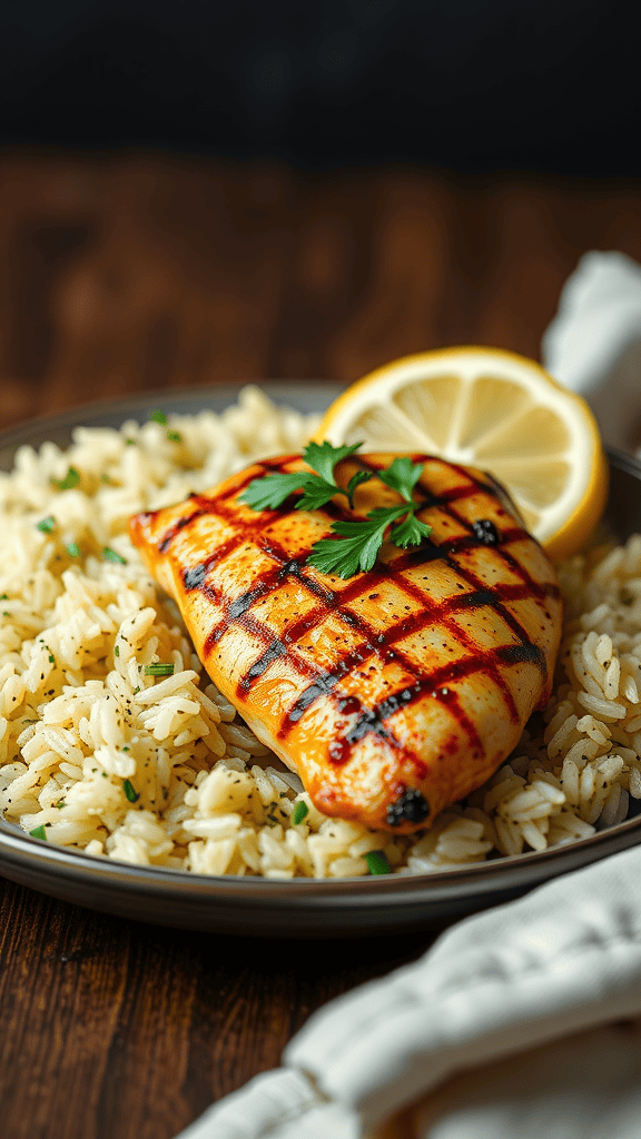 A plate of lemon herb rice with grilled chicken and a lemon slice.