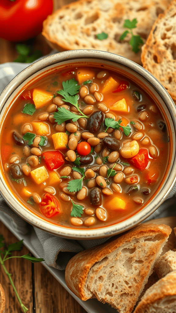 A bowl of lentil and vegetable soup with colorful vegetables and bread on the side.