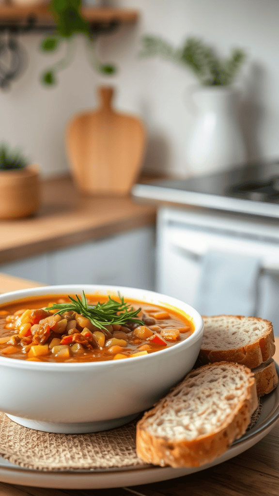 A bowl of lentil soup with fresh herbs, served with slices of bread, placed on a textured mat in a cozy kitchen setting.