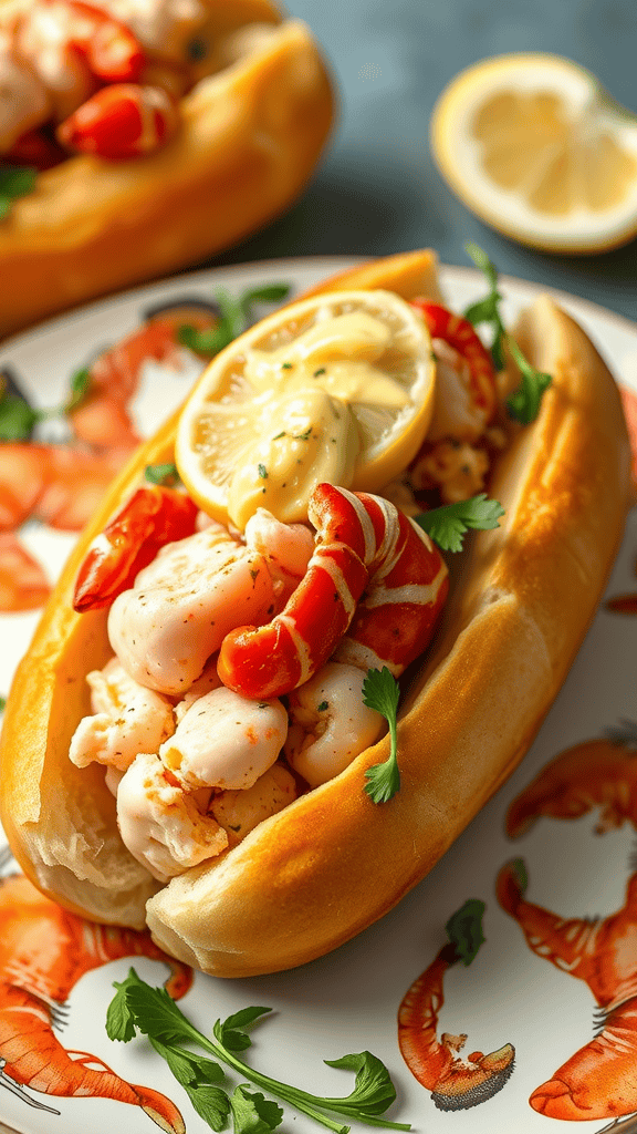 A lobster roll filled with lobster meat, lemon slices, and herbs on a decorative plate