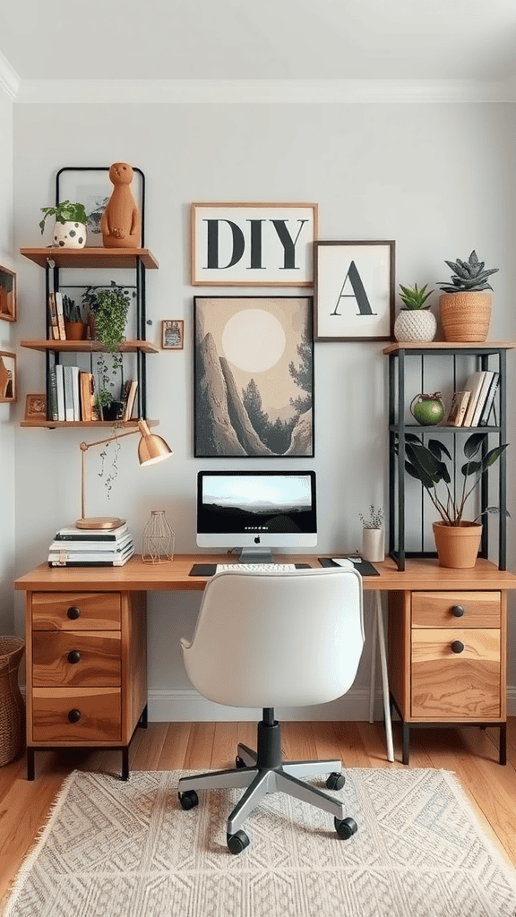 A stylish home office featuring a wooden desk, modern chair, and decorative shelves with plants and books.