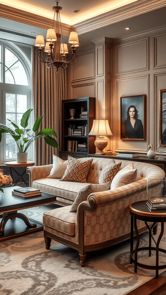 Elegant living room with a plush sofa, stylish decor, and large windows.