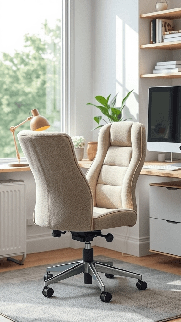 A luxurious office chair with a modern design, placed in a bright workspace