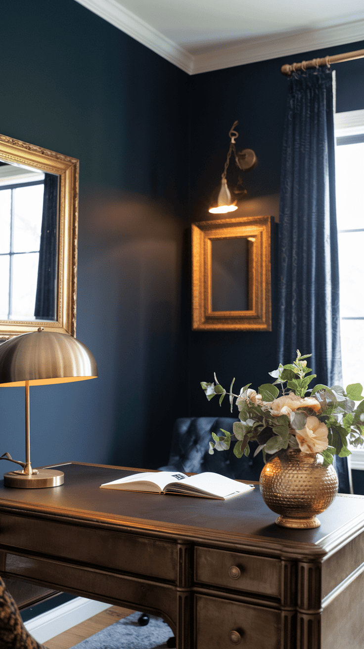 A stylish workspace featuring dark walls, a golden lamp, and a flower arrangement on the desk.