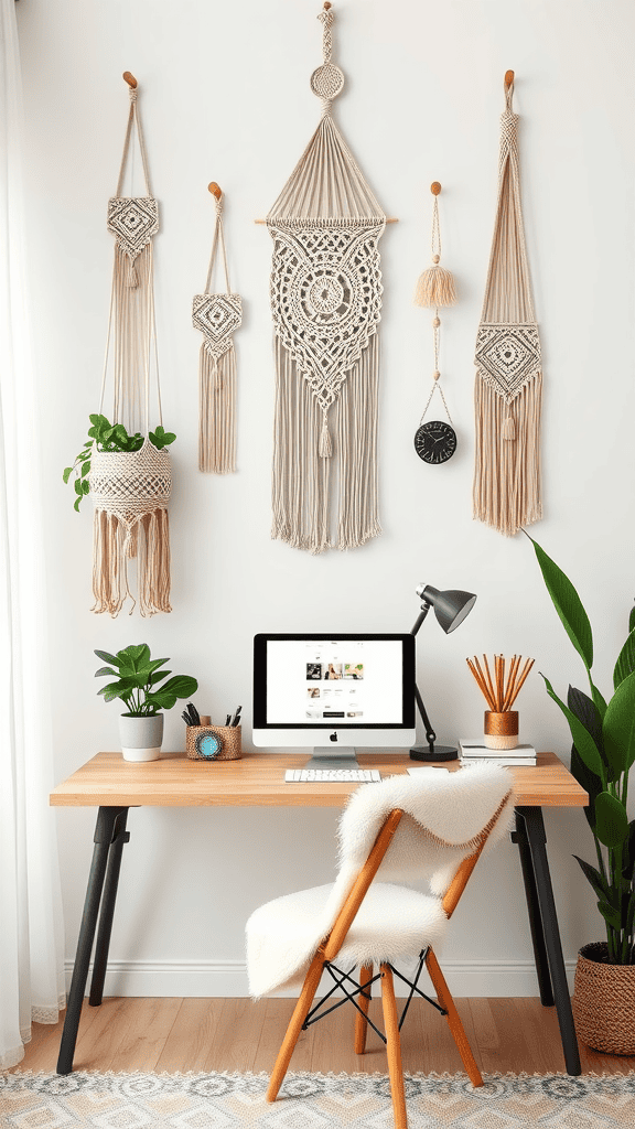 A cozy workspace featuring various macrame wall hangings and a desk with a computer.