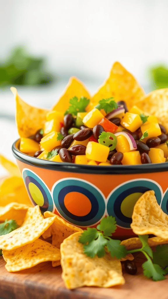 A colorful bowl of mango and black bean salsa surrounded by tortilla chips.