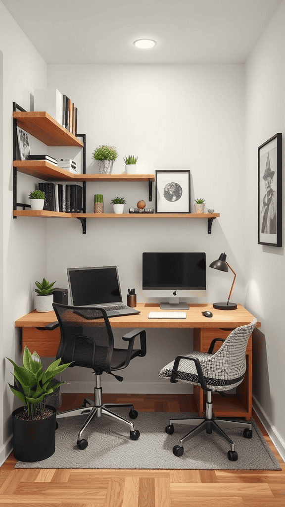 A small workspace with a wooden desk, two chairs, computer monitors, and floating shelves filled with plants and books.