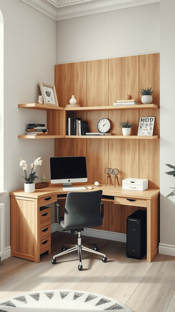 A modern workspace featuring a wooden desk with drawers, a computer, and wall shelves displaying books and plants.