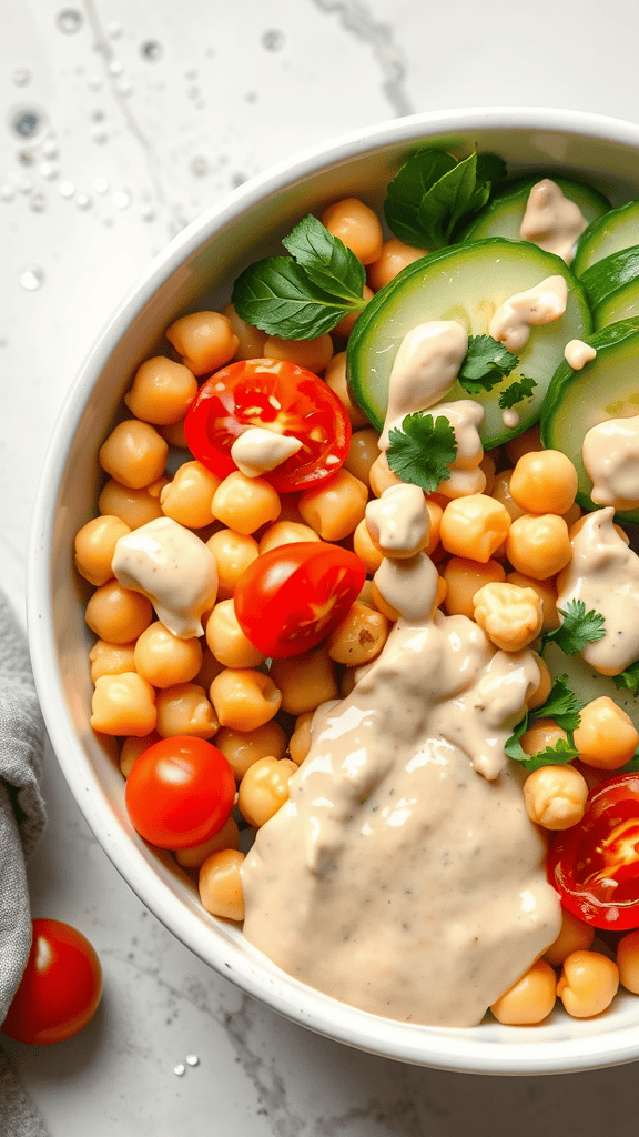 A Mediterranean Chickpea Bowl with chickpeas, cherry tomatoes, cucumbers, and a creamy dressing.