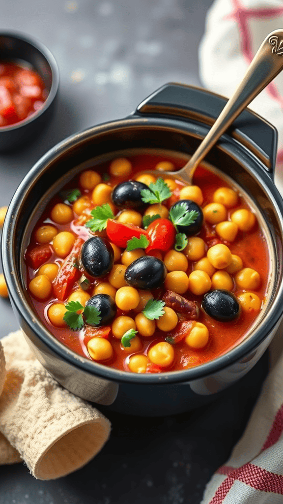 A bowl of Mediterranean chickpea stew filled with chickpeas, black olives, and fresh herbs.