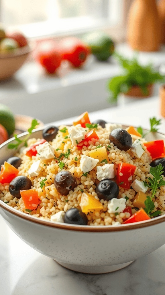 A colorful Mediterranean couscous salad in a bowl, featuring bell peppers, black olives, feta cheese, and parsley.