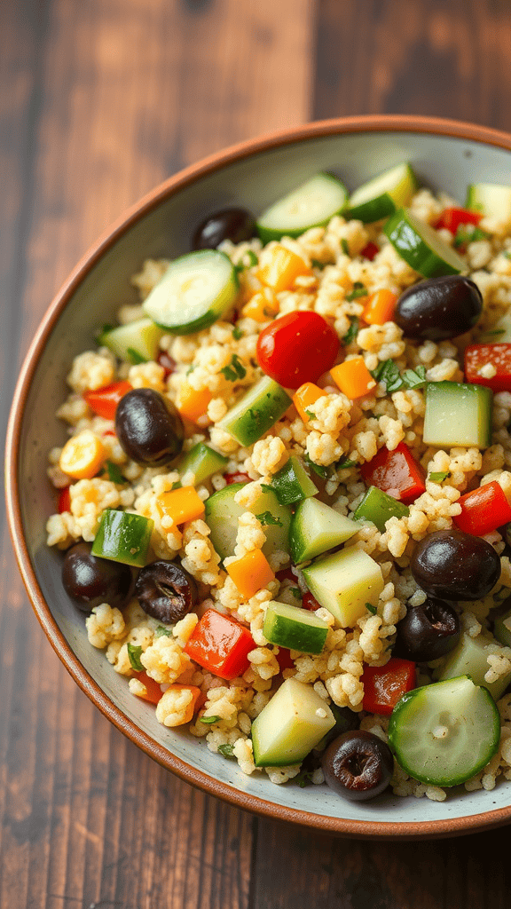 A colorful Mediterranean couscous salad with cucumbers, tomatoes, peppers, and olives in a bowl.