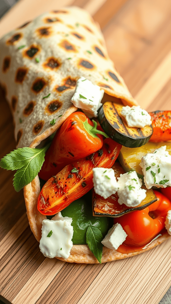 A Mediterranean grilled vegetable wrap filled with colorful grilled vegetables and feta cheese, resting on a wooden surface.