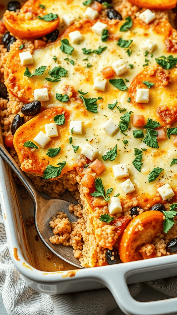 A delicious Mediterranean quinoa and rice bake topped with cheese, peppers, and herbs.