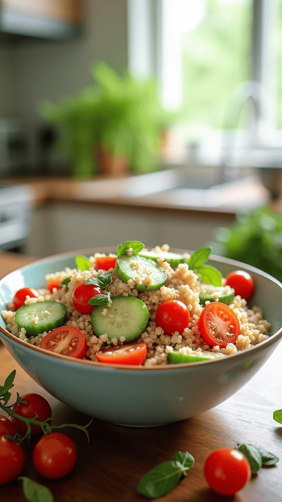 A colorful Mediterranean quinoa salad with cucumbers, tomatoes, and herbs in a bowl.