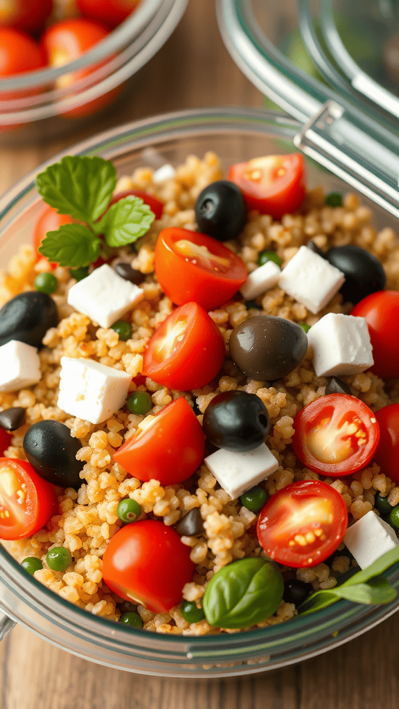 A vibrant Mediterranean quinoa salad with cherry tomatoes, olives, feta cheese, and fresh herbs.